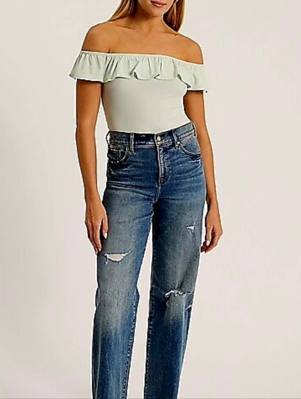 Seafoam Sage Green Off-Shoulder Ruffle One-Piece Bodysuit